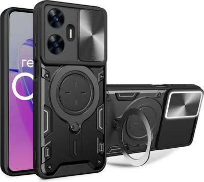 Produktbild von Handyhülle für Realme C55 Dual-Layer Stoßfest Rüstung Hülle mit Dia Kameraschutz und Kreisförmig Ring Ständer Schwarz