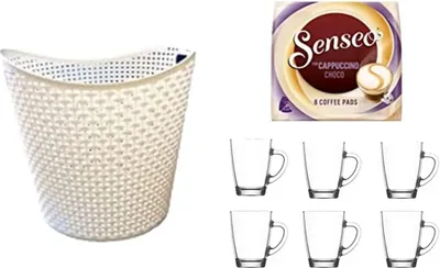 Produktbild von Senseo Cappuccino Choco für geeignet Senseo und weitere Kaffeemaschinen Aktion+ 6 Kaffeebecher mit Henkel plus Wäschekorbaktion Rattan-Design 27 Lite