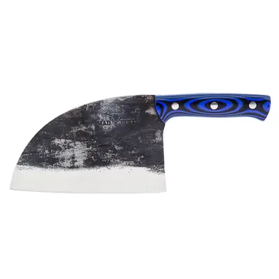 A cleaver knife with a blue and black patterned handle, isolated on a white background.