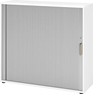 Produktbild von bümö Rollladenschrank office - 3 Ordnerhöhen - Griff: Streifengriff (Kunststoff), Nachbildung: Weiß/Silber
