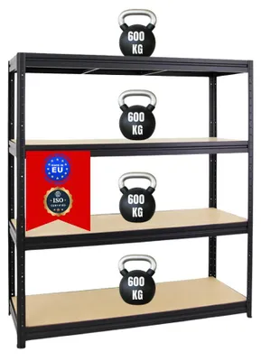 Produktbild von Schwerlastregal DINO | HxBxT 180x160x60cm | 4 MDF-Platten-Ebenen 6,5 mm | Fachlast 600kg | Schwarz