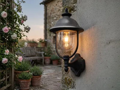 Produktbild von Landhaus LED Außenwandleuchte große Wandlaterne Schwarz Silber stehend Höhe 48cm