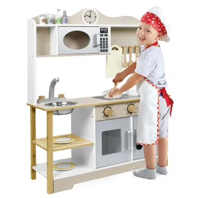 Produktbild von Sessamen-LP detská kuchynka, hracia kuchynka z dreva, detská kuchynka, drevené kuchynské doplnky s drevenými doplnkami mikrovlnná rúra s drezom hračka kuchynský set na varenie pre deti, 65x24x85cm, typ A