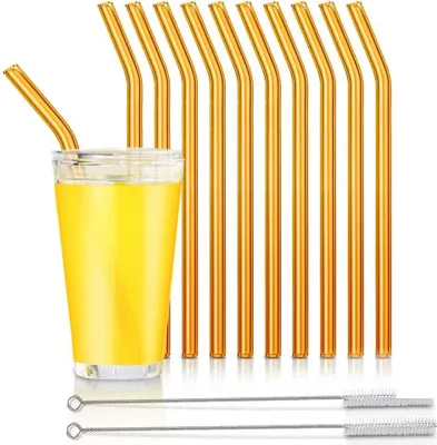 Produktbild von 10er-Pack wiederverwendbare Glasstrohhalme, gebogene Glastrinkhalme mit 2 Reinigungsbürsten, für Smoothies, Milchshakes, Saft