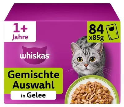 Imagen del producto de WHISKAS® Pack de bolsas individuales para porciones, variedad mixta en gelatina, 84 unidades de 85g cada una