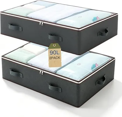 Produktbild von PolkaHome® 2er Set Unterbett Aufbewahrungsboxen 90L, Bettwäsche Organizer mit Deckel, Faltbare Aufbewahrungstasche für Kleidung, Decken,