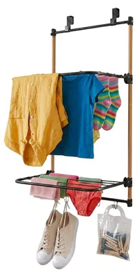 Produktbild von Relaxdays Wäscheständer Tür, zum Einhängen, 2 klappbare Flügel, 4 Haken, Bambus & Metall, Hängetrockner, schwarz/natur