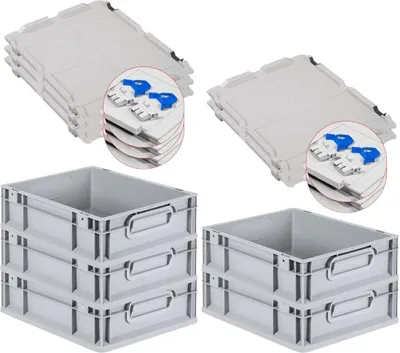 Produktbild von SuperSparSet 5x Eurobox NextGen Grip mit Scharnierdeckel und blauen Schiebeschnappverschlüssen | HxBxT 12x30x40cm | 11 Liter | Grau | Griffe geschlossen | Glatter Boden | Eurobehälter, Transportbox, Transportbehälter, Stapelbehälter