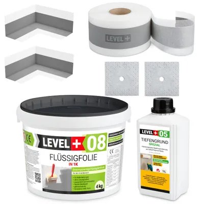 Produktbild von Dichtset Bad Dusche 4Kg Flüssigfolie 1L Tiefgrund 2 Innenecke 5M Dichtband LEVEL+ SET08