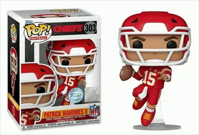 A Funko Pop! vinyl figure of Patrick Mahomes II in his Kansas City Chiefs uniform, shown both in its packaging and displayed outside of it.