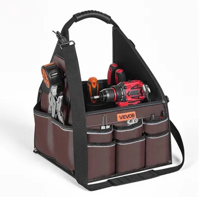 Produktbild von VEVOR Offene Werkzeugtasche 31x31x41cm, Aufbewahrungstasche mit 15 Innen- & 30 Außenfächern, Wasserfester Werkzeug-Organizer aus Polyester mit Schultergurt & Tragegriff, Werkzeugtrage für Handwerker