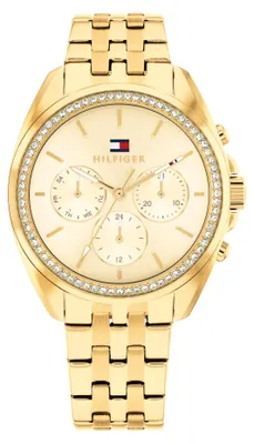 Produktbild von Tommy Hilfiger Multi Zifferblatt Quarz Uhr für Damen mit Goldfarben Edelstahlarm