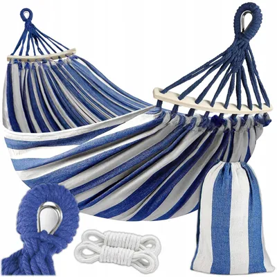 Produktbild von KRUMAD Hängematte Indoor Outdoor 2-Personen 260cm Atmungsaktive Wetterfeste bis zu 200kg Tragkraft mit Aufbewahrungsta Blau-Weiß