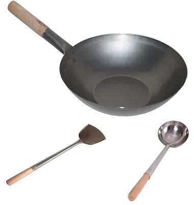 Produktbild von WOK SET, 30FB-K02-S04, Wok Pfanne 30 cm Ø flacher Boden Kohlenstoffstahl + Kelle + Spathel Edelstahl mit Holzgriff, AAF Nommel ®
