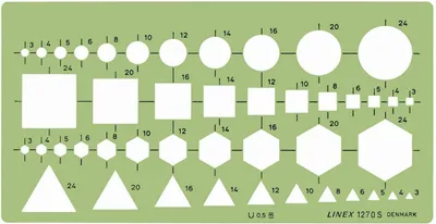 Produktbild von Linex 1270S Kombinationsschablone, mit Kreisen, Quadraten, Sechsecken und Dreiecken von 3-24 mm, 195 x 100 mm