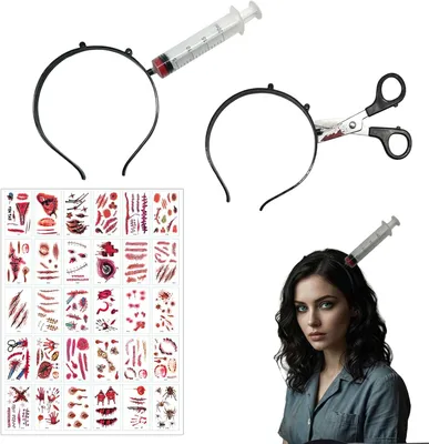 Produktbild von Halloween Set mit 2 Horror Haarbändern, 30 temporären Narben-Tattoos, für Themenpartys