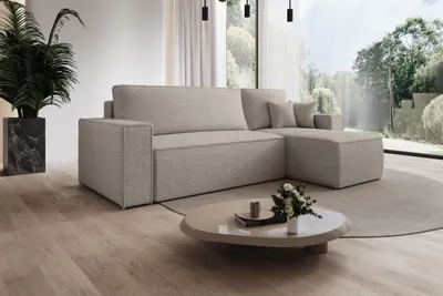 Zdjęcie produktu dla Nowoczesna narożna sofa Milano w kształcie litery L z funkcją spania i schowkiem na pościel, zestaw wypoczynkowy z pufą, sofa tapicerowana do salonu o nowoczesnym designie