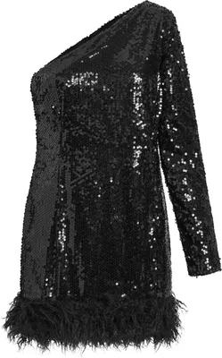 Produktbild von Elegantes Schwarzes Cocktail-Abendkleid mit Pailletten und Federapplikationen, Ein-Schulter-Design