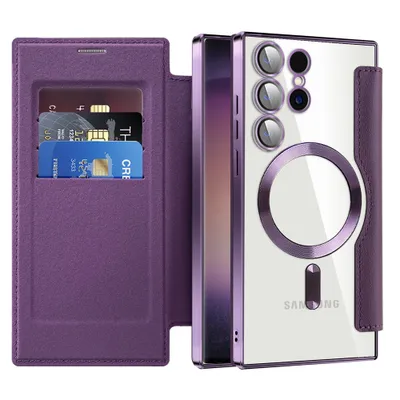 Immagine prodotto di Custodia per Samsung Galaxy S25 Ultra compatibile con MagSafe, custodia trasparente con portacarte, custodia in pelle con protezione per la fotocamera Purple