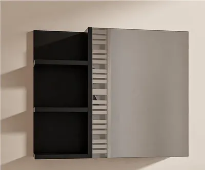 Produktbild von Schwarz Badezimmerschrank mit Spiegel und Ablagen B:60 x H:50 cm Spiegelschrank Bad Hängeschrank Badezimmer Griffloser Öffnung Ablagen Links