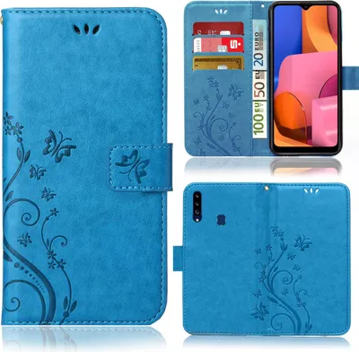 A collage of images showing a blue flip phone case with a floral and butterfly design.