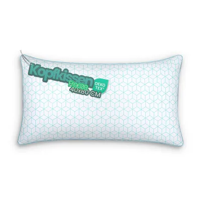 A pillow with a geometric pattern and product information labels.