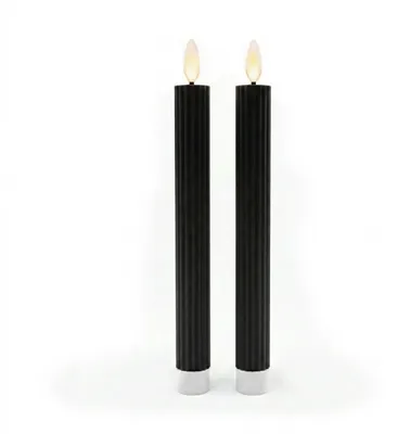 Produktbild von Relaxdays LED Stabkerzen, 2er Set, HxD: 25 x 2 cm, flackernde Flamme, Echtwachs, Rillen, flammenlose Kerzen, schwarz