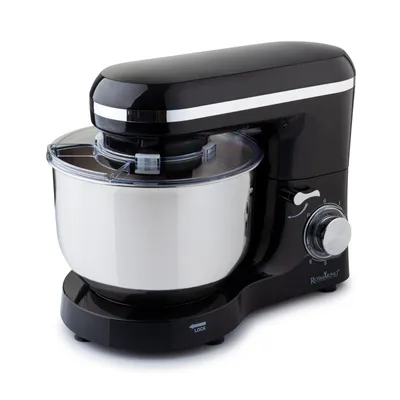 A black kitchen mixer with a silver bowl is shown against a white background.