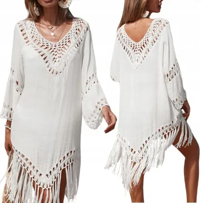 Produktbild von Pareo - Sommertunika - Strand - luftig - Damenkleid - Boho für den Strand - mit Fransen - Weiß