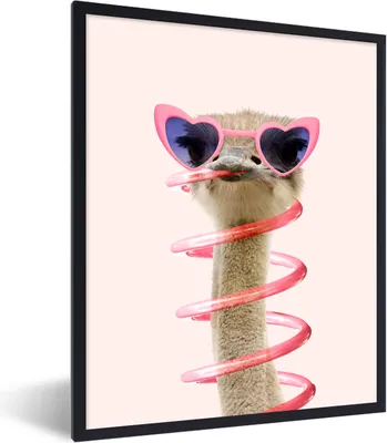 Produktbild von MuchoWow® Gerahmtes Poster Strauß - Sonnenbrille - Rosa - Tiere 60x80 cm - Poster mit Schwarzem Bilderrahmen Wandposter Rahmen Foto Bilder - Premium - Wanddeko Wohnzimmer