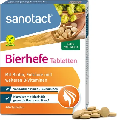 Image de Comprimés de levure de bière sanotact (400 comprimés) • Levure de bière 100 % naturelle et végétalienne • Avec de la biotine pour des cheveux beaux et une peau saine • 6 vitamines B