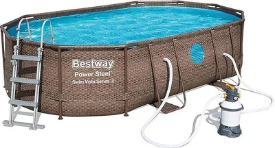An oval above-ground swimming pool with a brown wicker-like pattern on the sides, filled with blue water. A silver ladder is attached to one side, and a white and gray filter pump system with hoses is connected to the pool.