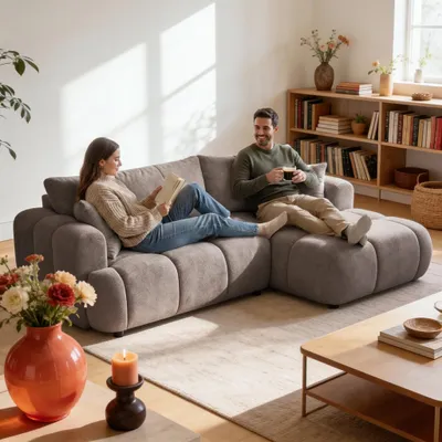 Produktbild von MUFFO Ecksofa CALM L Rechts mit Schlaffunktion 140x215 Webstoff beige