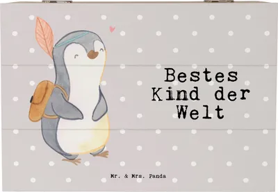 Produktbild von Mr. & Mrs. Panda Box aus Holz Pinguin Bestes Kind der Welt 22 x 15 cm - Grau Pastell - Geschenk, schatztruhe, fotobox, Truhe, Geschenkidee, Geburt, Geburtstag, Holztruhe