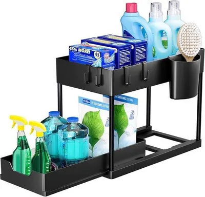 Produktbild von Famanu Unterbauschrank-Organizer mit ausziehbarer Schublade, 2 Ebenen, multifunktionales Regal für Küche oder Bad, schwarz