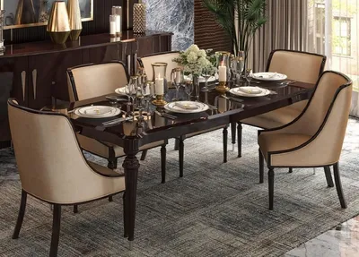 Produktbild von Casa Padrino Luxus Art Deco Esszimmer Set Beige / Dunkelbraun Hochglanz / Silber - 1 Art Deco Esstisch & 6 Art Deco Esszimmerstühle - Art Deco Esszimmer Möbel - Luxus Qualität