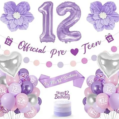Zdjęcie produktu dla Balony urodzinowe fioletowe dla dziewczynki 12 lat zestaw dekoracyjny