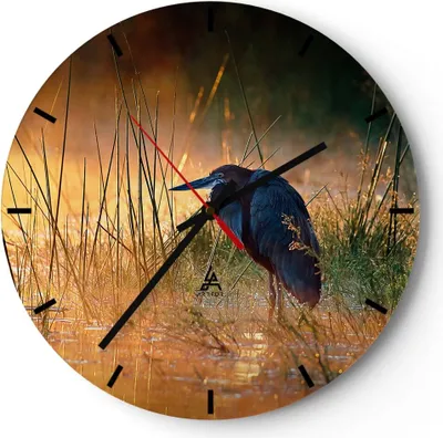 Produktbild von Wanduhr - Rund - Glasuhr - Vogel Natur Wasser - 30x30cm - Schleichendes Uhrwerk - Lautlos - zum Aufhängen bereit - Dekoration Modern - Wanddekoration aus Glas - C3AR30x30-3708