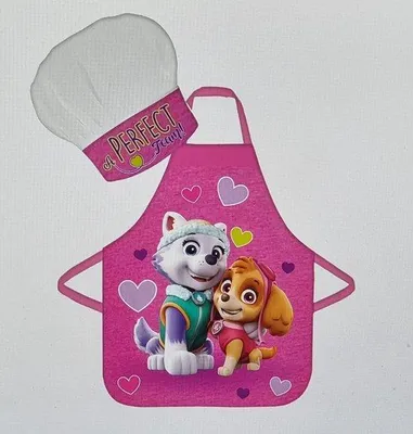 Produktbild von Unyqoos® Paw Patrol Perfect Team – 2‑teiliges Kinderschürzen-Set mit Schürze & Kochmütze, 100% Polyester, empfohlen für 3–8 Jahre, verpackt, ideal als Geschenk