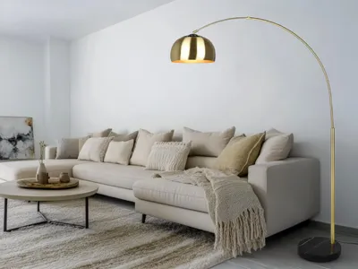 Produktbild von LED Bogenlampe Messing matt Marmorfuß Schwarz große Ausladung, Höhe 200cm