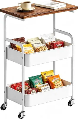 Produktbild von Rollwagen mit 3 Ebenen, Küchenwagen mit Arbeitsplatte, Bastelwagen, Servierwagen, Snackregal, Aufbewahrungswagen mit Rollen für Küche, Wohnzimmer, Badezimmer