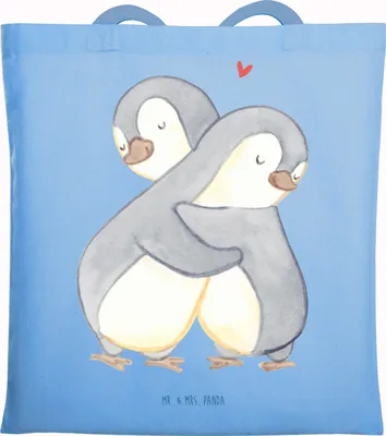 Produktbild von Mr. & Mrs. Panda Baumwolltasche Pinguine Kuscheln - Sky Blue - Geschenk, tasche baumwolle, für Partner, umhängebeutel, Freundin, Hochzeitstag, Mitbringsel, Laptoptasche
