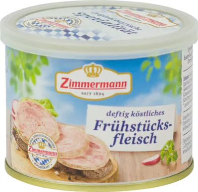 Produktbild von Food-United bayerische Dosenwurst 200g Döschen, Frühstücksfleisch, GQB "e Qualität Bayern"  von ZIMMERMANN Fleischwerke, passend für Brotzeit und Bier