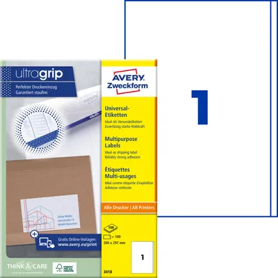 Produktbild von Avery Zweckform 3418, Universal-Etiketten, A4, Qualitätsdruck mit: ultragrip, 200 x 297 mm, 100 Etiketten / 100 Bögen, weiß