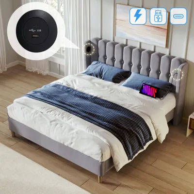 Produktbild von Polsterbett Doppelbett mit USB Typ C Ladefunktion, Bettgestell mit Lattenrost, Gepolstertes bett,140 x 200 cm Bettrahmen Jugendbett für Schlafzimmer