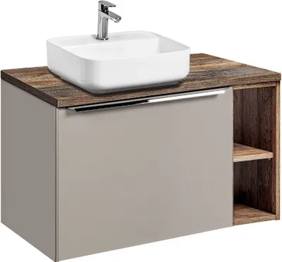 Produktbild von Waschtischunterschrank 80cm mit Regal & Keramikbecken PUEBLA-56-TAUPE in taupe mit Vintage Oak, B/H/T ca.: 80,4/62,5/46 cm