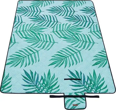 Immagine prodotto di Telo da picnic Unyqoos® 200 x 150 cm – telo impermeabile e lavabile in lavatrice, ideale per l'uso all'aperto, realizzato in poliestere, pieghevole e facile da trasportare, di colore azzurro chiaro con motivo di felci tropicali