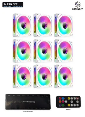 Produktbild von BROONBEE 9x ARGB PWM Gehäuselüfter 120mm Set Weiss mit ARGB Controller & Fernbedienung – RGB Lüfter, adressierbar 5V 3-Pin Fan