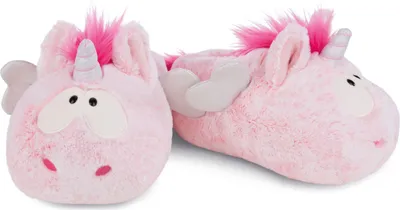 A pair of pink unicorn slippers.