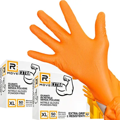 Zdjęcie produktu dla R Move Rękawiczki nitrylowe pomarańczowe, bezpudrowe, Full Grip 8,5 g – rozmiar XL – 100 sztuk